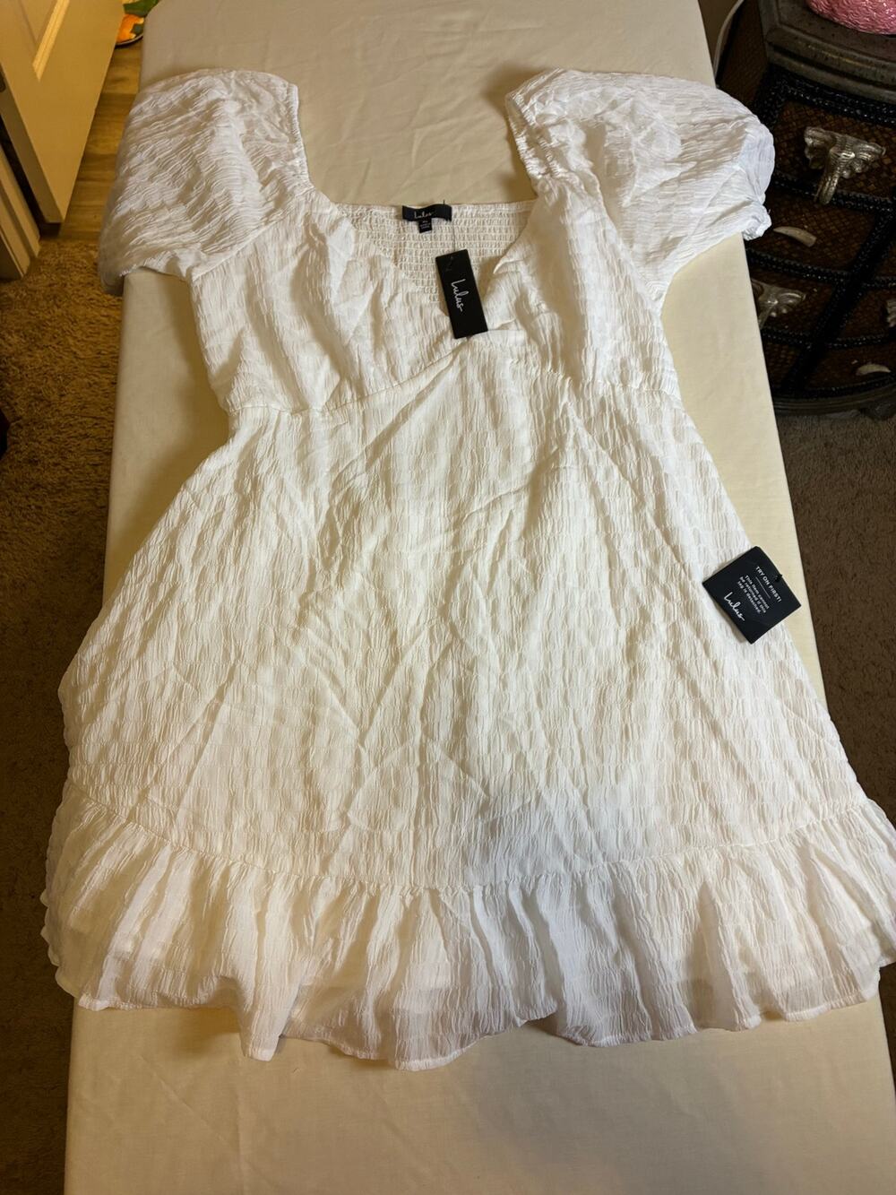 Lulus White Smocked Dress XL Puff Sleeve Cottagecore Mini NWT Open Back Summer